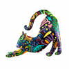 Vivid Cat Stretching painted metal wall art on white background – Haitian handcrafted cat decor